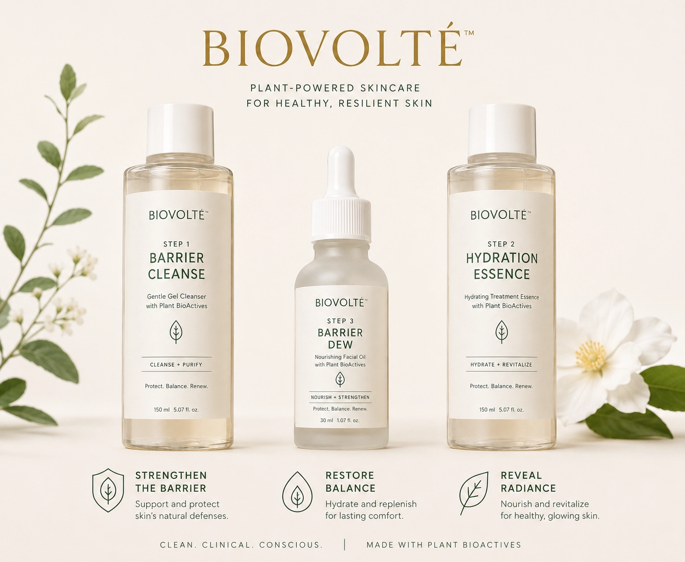 BIOVOLTÉ three-step skincare system: Cleanse, Hydrate and Seal